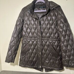 Brown  Lauren Ralph Lauren Puffer Jacket with Hood, women L, length 28”
